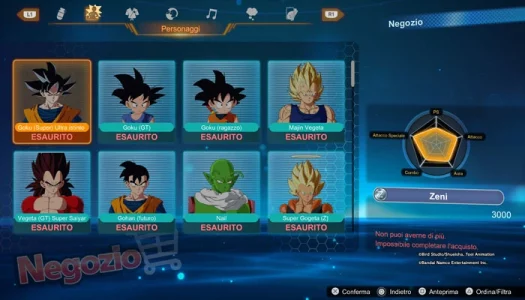 Dragon Ball Sparking Zero negozio personaggi