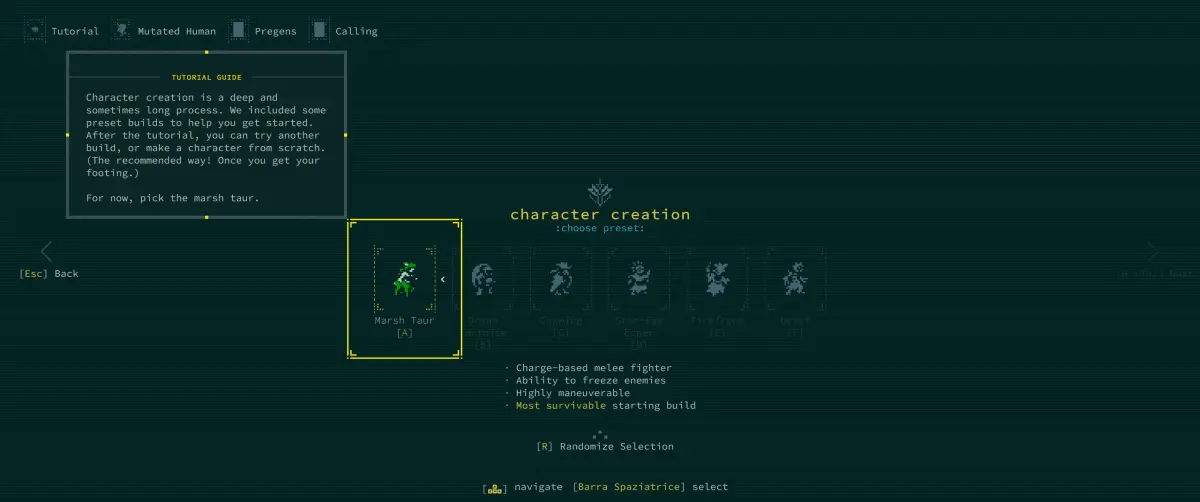 Caves of Qud Recensione PC - Il gioco aiuta le neofite con alcuni personaggi pronti da usare